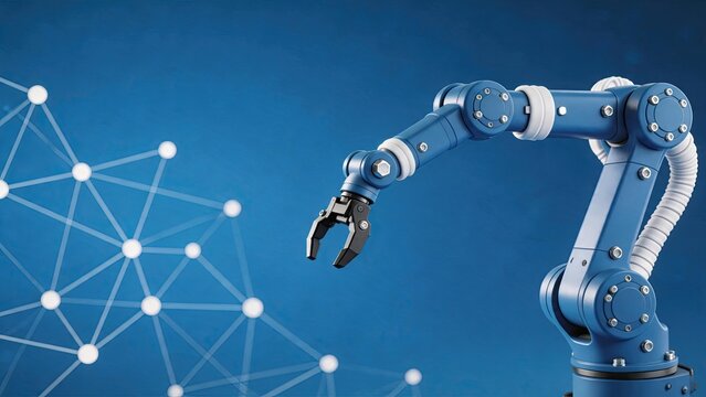 Blue robotic arm with gripper for industrial automation, smart factory manufacturing process, machine learning and neural network connection background