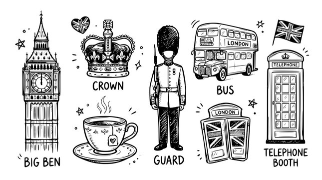 Hand drawn british culture elements big ben crown teacup guard bus telephone booth, black ink sketch vector illustration
