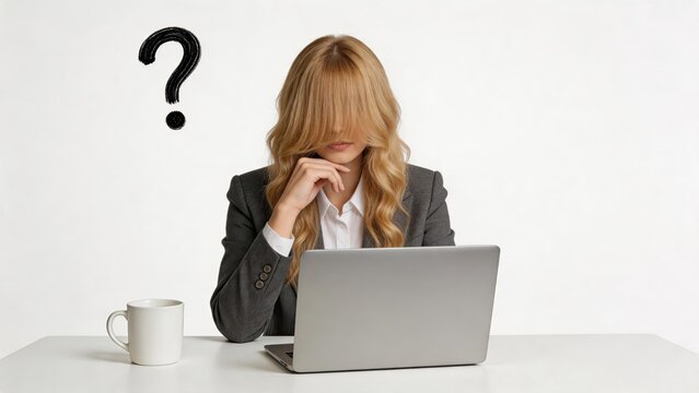 Confused businesswoman sitting at desk with laptop, hand on chin, pondering a difficult question or problem, symbolizing uncertainty, doubt, decision making challenges