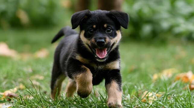 A tiny energetic puppy runs joyfully through a lush grassy yard bringing a sense of calm and wonder