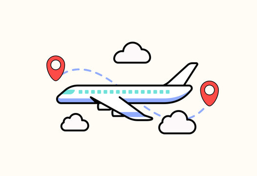 Minimal airplane travel route illustration with location pins and clouds. Ideal for tourism, aviation, navigation, transportation, and journey concepts in vector style.
