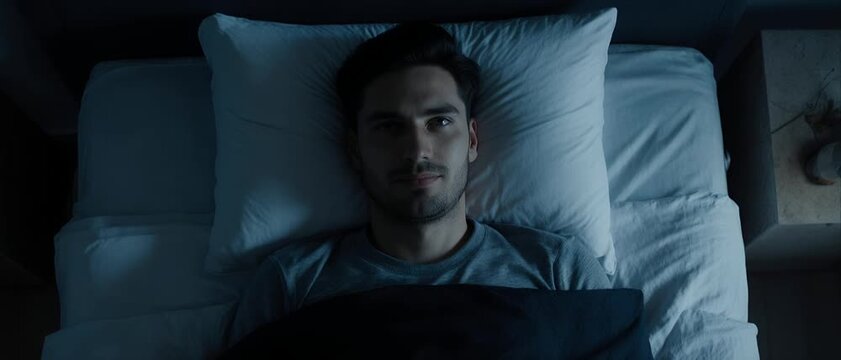 Young Man Waking Up in Bed at Night Cinematic Lifestyle Video