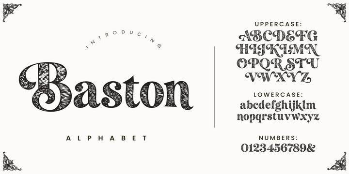 Baston vintage scribble shading font with classic decorative serif style for retro headers