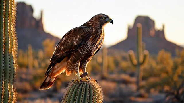Hawk perches on a cactus in the desert landscape with mountains.