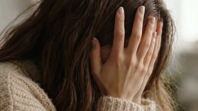 Distress and Despair: A young woman hides her face in her hands, her body language conveying deep sadness, grief, or overwhelming emotion. Her eyes are closed, her shoulders are slumped.