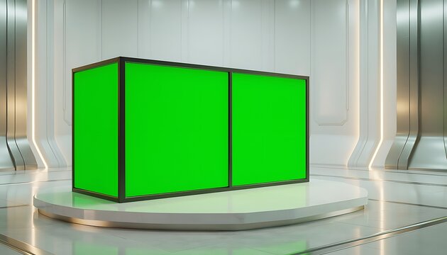 A large green rectangular prism sits on a circular white platform in a futuristic room with metallic walls and shiny floor.
