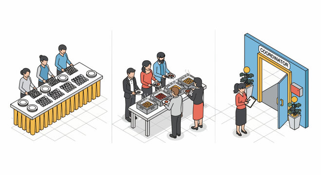 Catering Event Logistics Staff Serving Food To Guests And Professional Coordinator Planning Organizing Setup Buffet Service