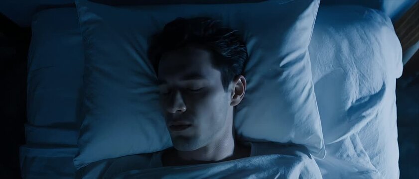 Young Man Sleeping Peacefully in Bed at Night Cinematic Shot