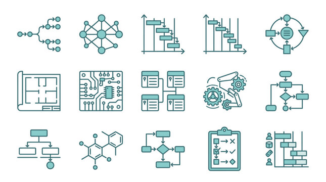 Technical flowchart and system diagram linear icon set.