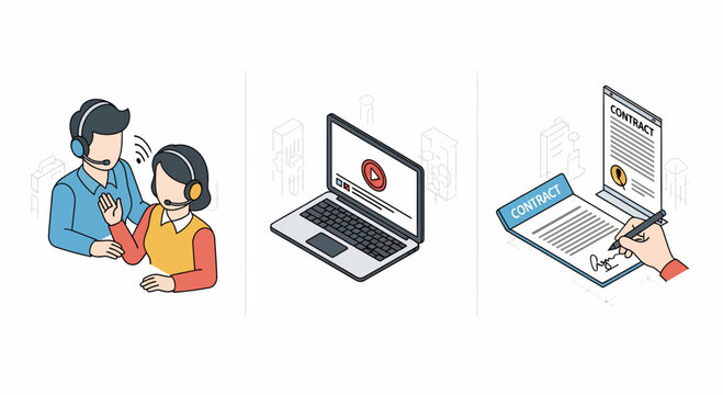 Sales pipeline process stages include customer service call laptop video demo and final contract signing
