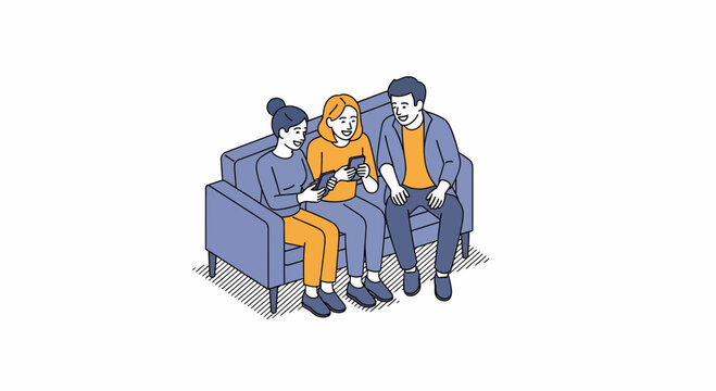 Three pals sit on sofa look at phone talk laugh share joy and fun now