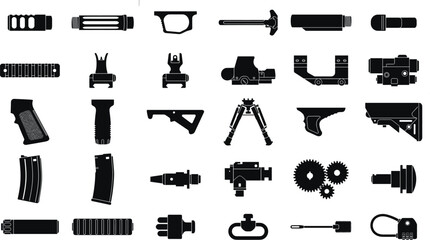Obraz premium Set of isolated black icons featuring various firearm accessories and modular tactical weapon parts