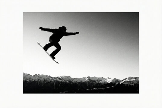 Snowboarder performing an aerial jump over snowy mountains in black and white