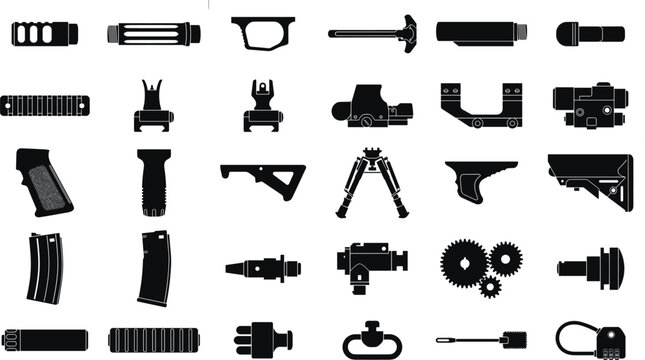 Set of isolated black icons featuring various firearm accessories and modular tactical weapon parts