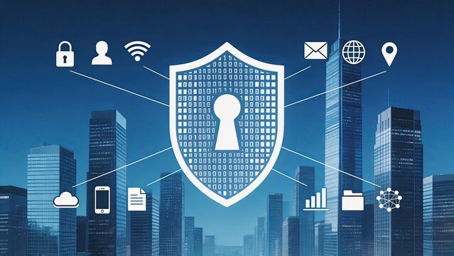Cyber security shield icon with binary code pattern over modern city skyline, digital data protection concept, network privacy firewall, cloud storage safety