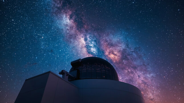 Observatory dome under vibrant milky way night sky