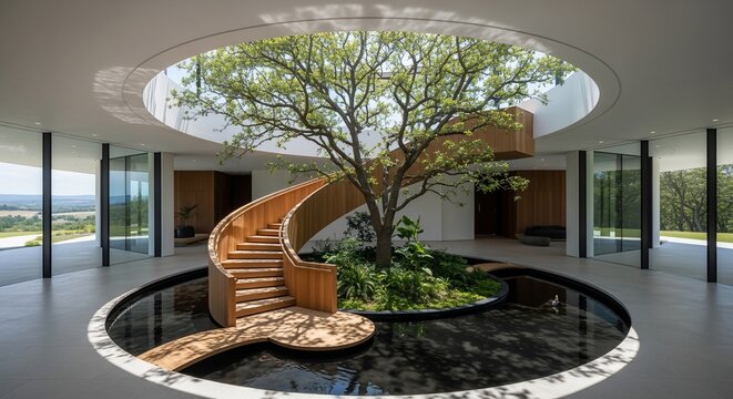 Spacious modern house interior featuring a central tree spiral staircase and a tranquil pond bathed in natural light from an open skylight with an exp