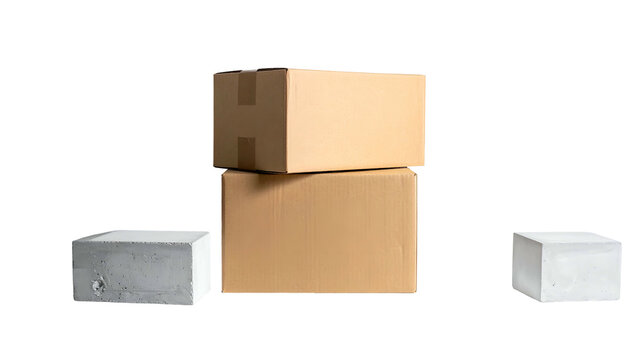Stacked boxes with two concrete blocks, against a black background