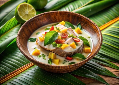 Exotic Fijian kokoda with marinated fish in coconut cream on a tropical island plate
