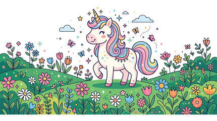 Obraz premium Magical Unicorn Walking in a Colorful Flower Meadow, Fantasy Illustration
