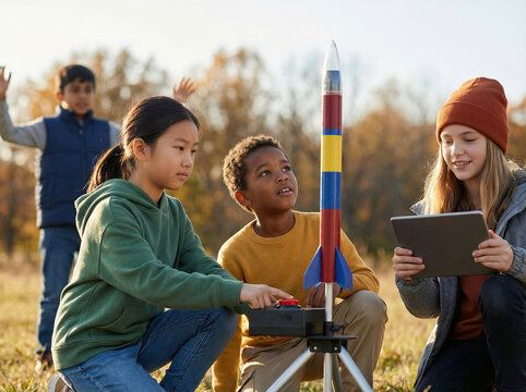 Diverse children launching a model rocket in a field