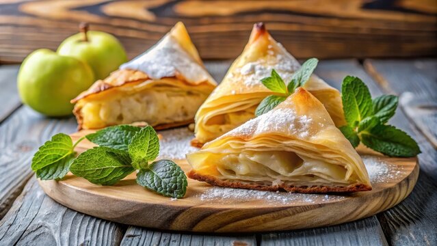 Flaky phyllo pastry wrapped around a tender pear filling