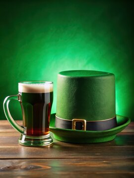 Mug with beer and leprechaun hat on green background