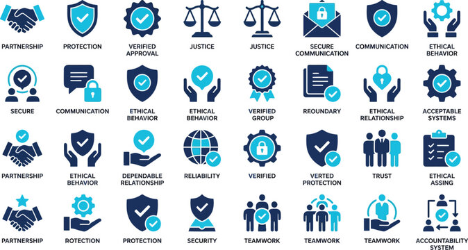 Icons representing business ethics and corporate integrity display symbols of trust, justice, and security in a clean vector collection.