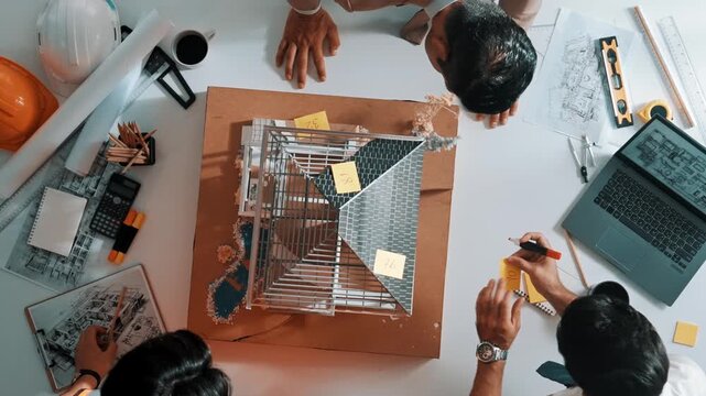 Top down aerial view of architect writing sticky note and placed at house model. Professional project manager inspect building construction at meeting table with laptop and equipment. Alimentation.