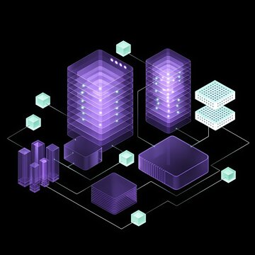 Data server storage architecture with glowing digital infrastructure and interconnected block nodes architecture infrastructure computing technology isometric abstract