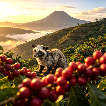 An Asian palm civet (luwak) sitting in a coffee plantation filled with ripe red cherries, with a majestic volcano sunrise and morning mist background. Premium Kopi Luwak concept.
