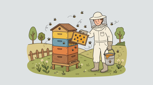 beekeeper in protective white suit.
