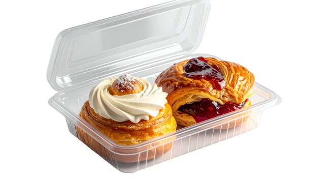 Two pastries in a clear plastic clamshell container, one with cream