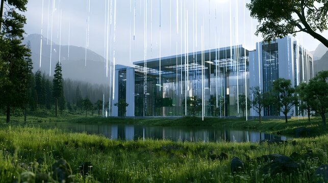 A futuristic quantum computer laboratory merges advanced technology with a peaceful natural setting emphasizing the flow of digital data