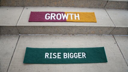Naklejka premium Colorful motivational banners on stair steps promoting growth and a larger rise for personal development and positive mindset
