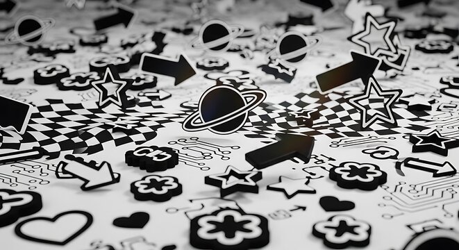 Black and white puzzle pieces scattered.