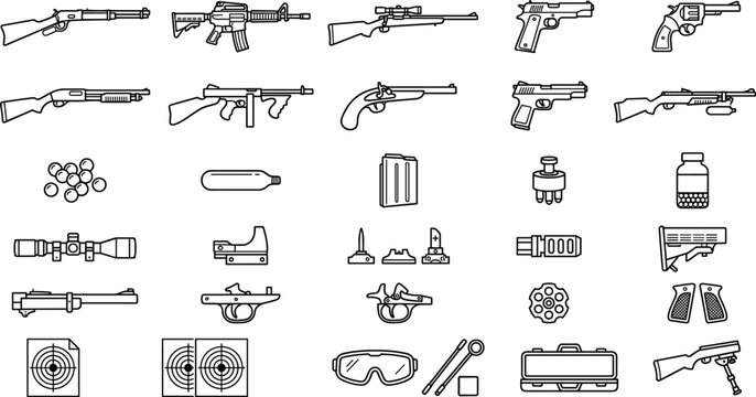 Set of firearm and tactical weapon icons showing various guns accessories and shooting range equipment