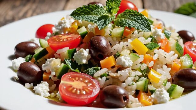 A vibrant Greek salad with tomatoes, cucumbers, feta cheese, and olives on a plate