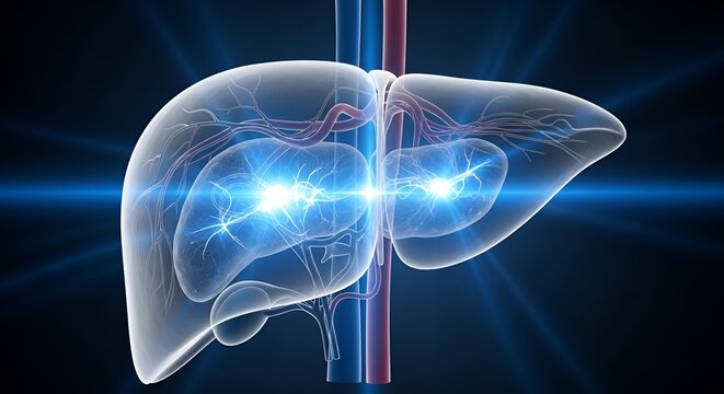 highly detailed digital illustration of a human liver highlighting internal structures and blood vessels for medical and