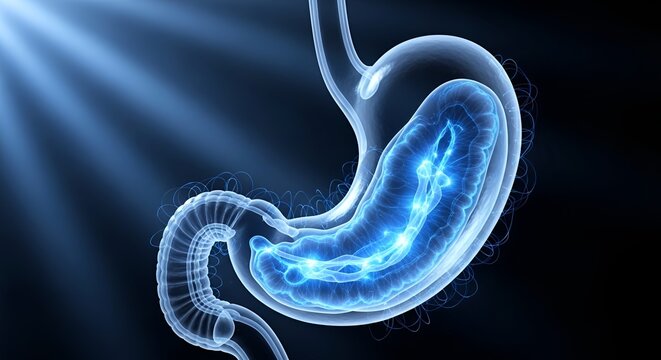 Advanced digital illustration of human stomach with focus on digestive system and detailed anatomical features in a futuristic