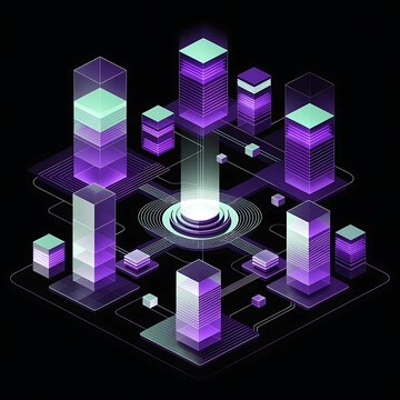 Isometric data processing hub with glowing connectivity nodes and digital columns processing technology isometric infrastructure connectivity information internet computing