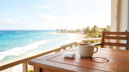 Obraz premium Morning coffee on a balcony with ocean view in a tropical location
