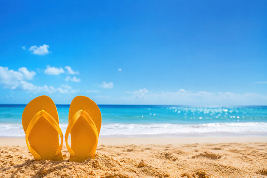 Yellow Flip Flops on Tropical Beach With Blue Sea and Copy Space