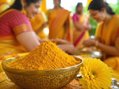 Traditional Indian Haldi Ceremony With Turmeric Powder and Women in Sarees