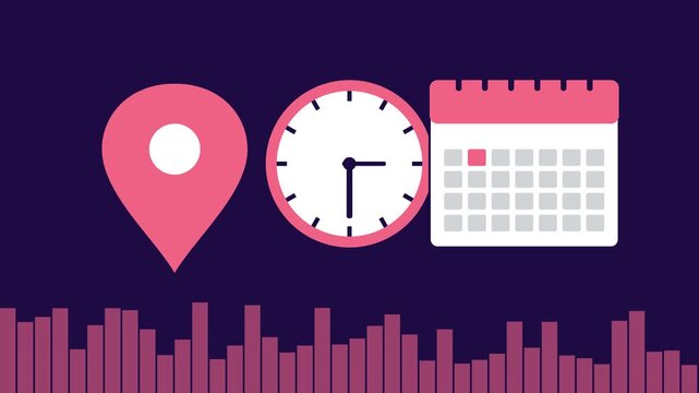 Time management and logistics concept: animated clock, calendar, and map pin planning schedule deadline