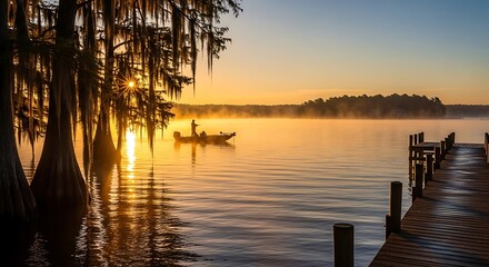 Obraz premium Sunset on a serene lake dock.