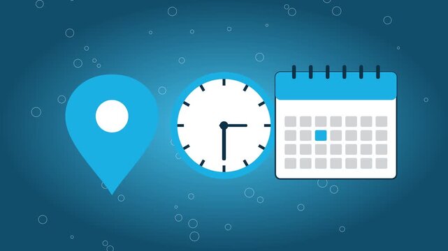 Time management and location planning concept with animated clock, calendar, and map pin scheduling deadline