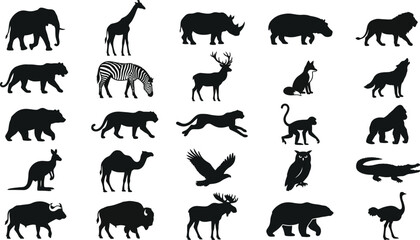 Black and white of various animals including elephant, giraffe, zebra, rhino, hippopotamus, and crocodile © hr graphics