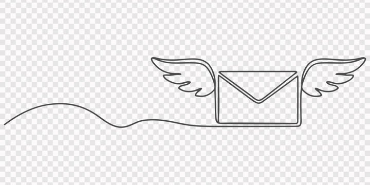 Simple line art of a flying envelope with swirling lines. No editable strokes, Flying Envelope Delivering Love: Romantic Letter with Wings in One Line Art Style Illustration for Modern Communication.