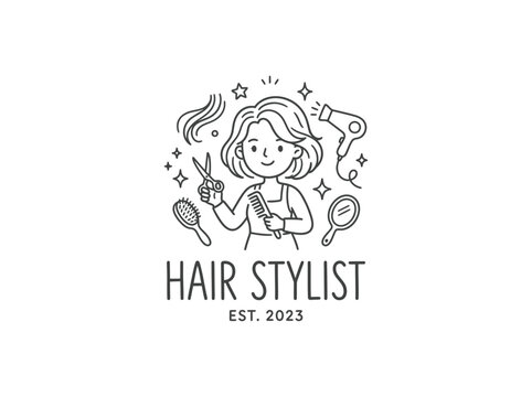 Hair stylist logo with woman illustration.